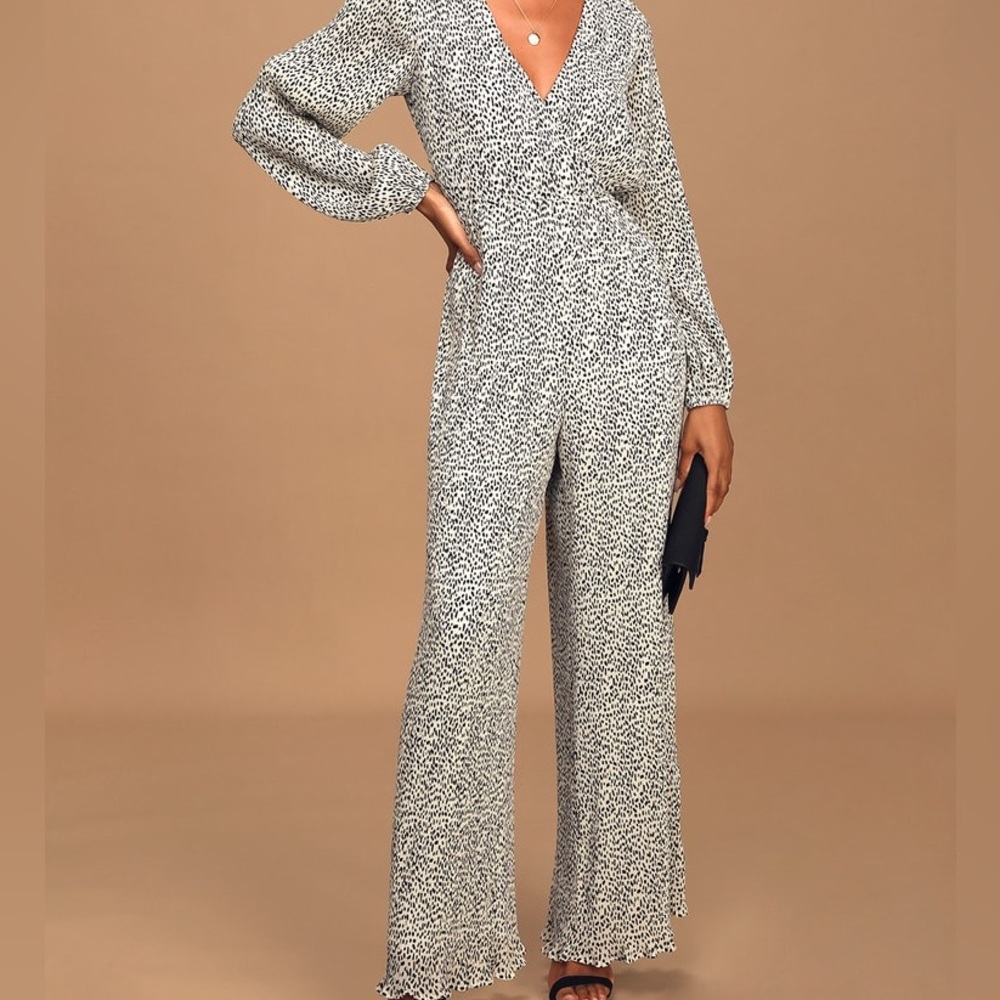 Lulus -Perfect Spot Cream Print Pleated Wide-Leg Jumpsuit S